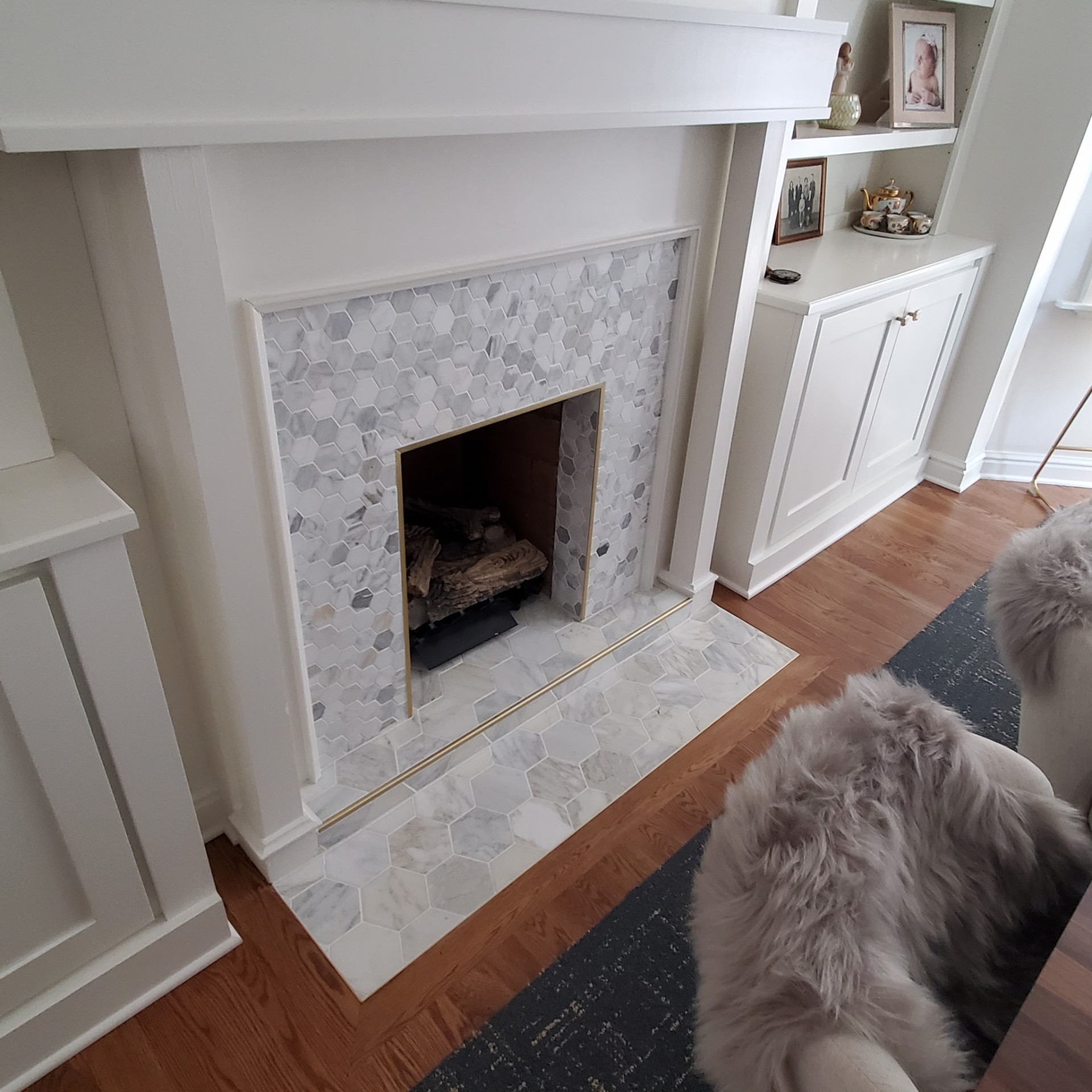 Marble Hex Fireplace & Built-Ins