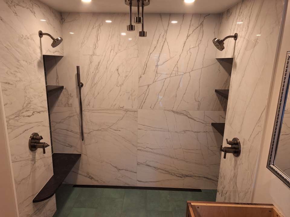 Dual-Head Marble Wet Room — Bathroom remodel in Pittsburgh, PA by Trademark Design