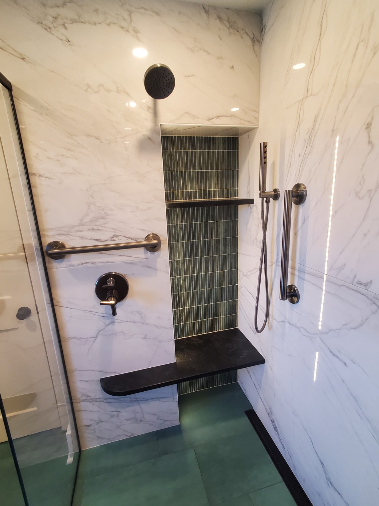 Marble & Emerald Mosaic Shower — Bathroom remodel in Pittsburgh, PA by Trademark Design